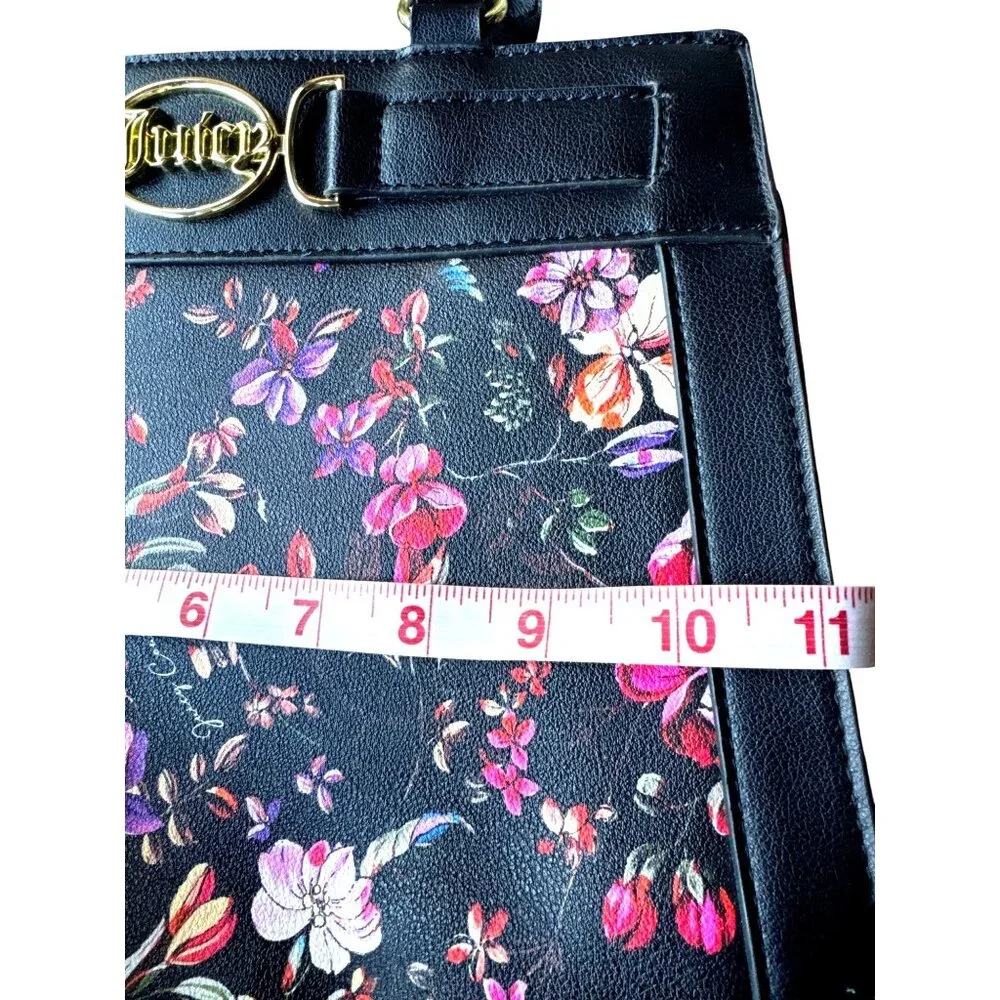 Juicy Couture Medallion Floral Satchel Tote Black Multi Color Purse Gold Logo